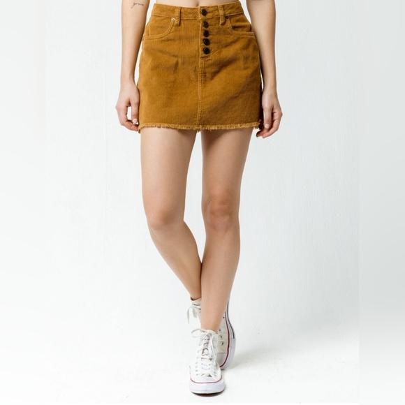 Tan Corduroy Mini Skirt Raw Hem - Picture 1 of 8
